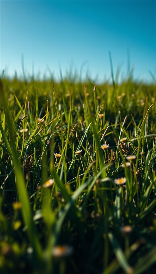 Photorealistic photo of Vibrant green meadow filled with wild grass and small flowers under a bright blue sky, close-up detail with shallow depth of field, moody dark tones, dramatic lighting, 9:16 aspect ratio