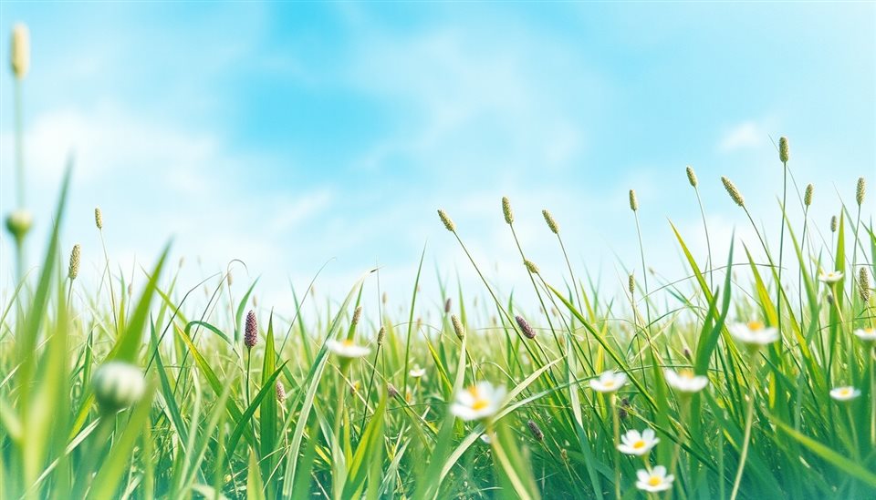 Watercolor illustration of Vibrant green meadow filled with wild grass and small flowers under a bright blue sky, close-up detail with shallow depth of field, cool blue tones, quiet atmosphere, 16:9 aspect ratio