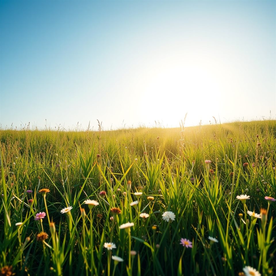 Photorealistic photo of Vibrant green meadow filled with wild grass and small flowers under a bright blue sky, wide shot with open space at the top for text, warm golden light, calm mood, 1:1 aspect ratio