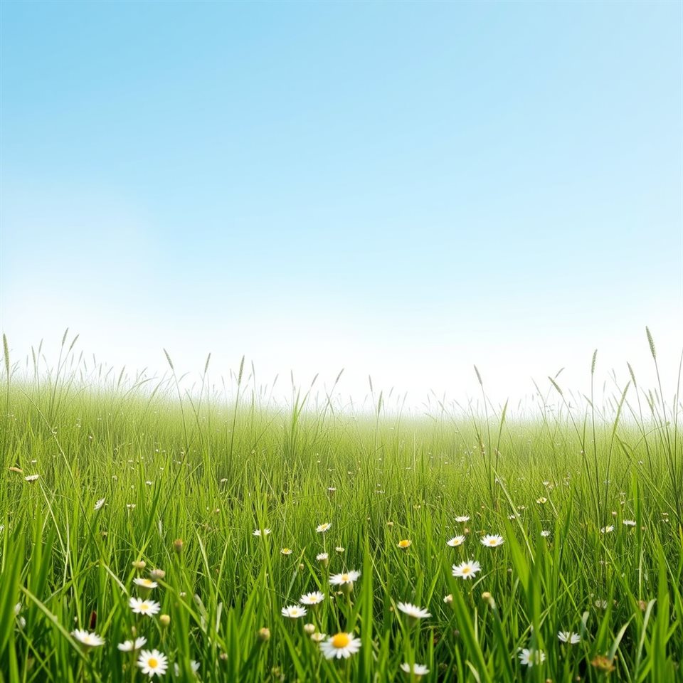 Soft 3D render of Vibrant green meadow filled with wild grass and small flowers under a bright blue sky, wide shot with open space at the top for text, misty morning haze, dreamy, 1:1 aspect ratio