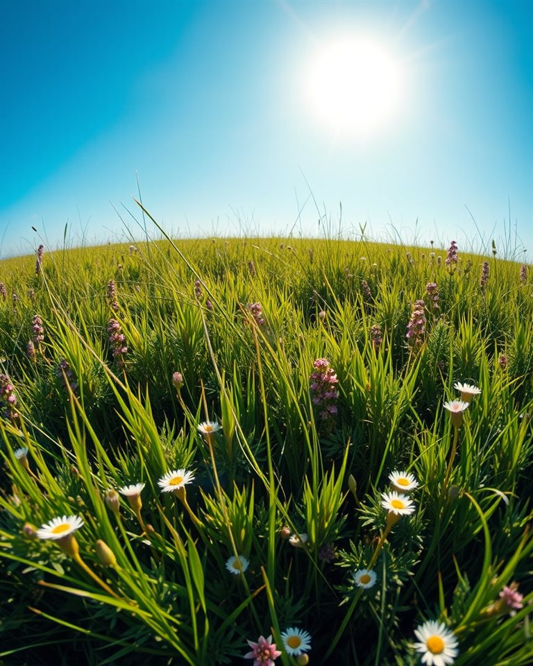 Cinematic film still of Vibrant green meadow filled with wild grass and small flowers under a bright blue sky, high-angle view from above, vivid colors, high contrast, energetic, 4:5 aspect ratio
