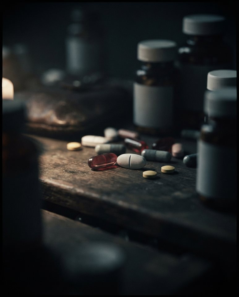 Cinematic film still of pills and capsules, close-up detail with shallow depth of field, moody dark tones, dramatic lighting, 4:5 aspect ratio
