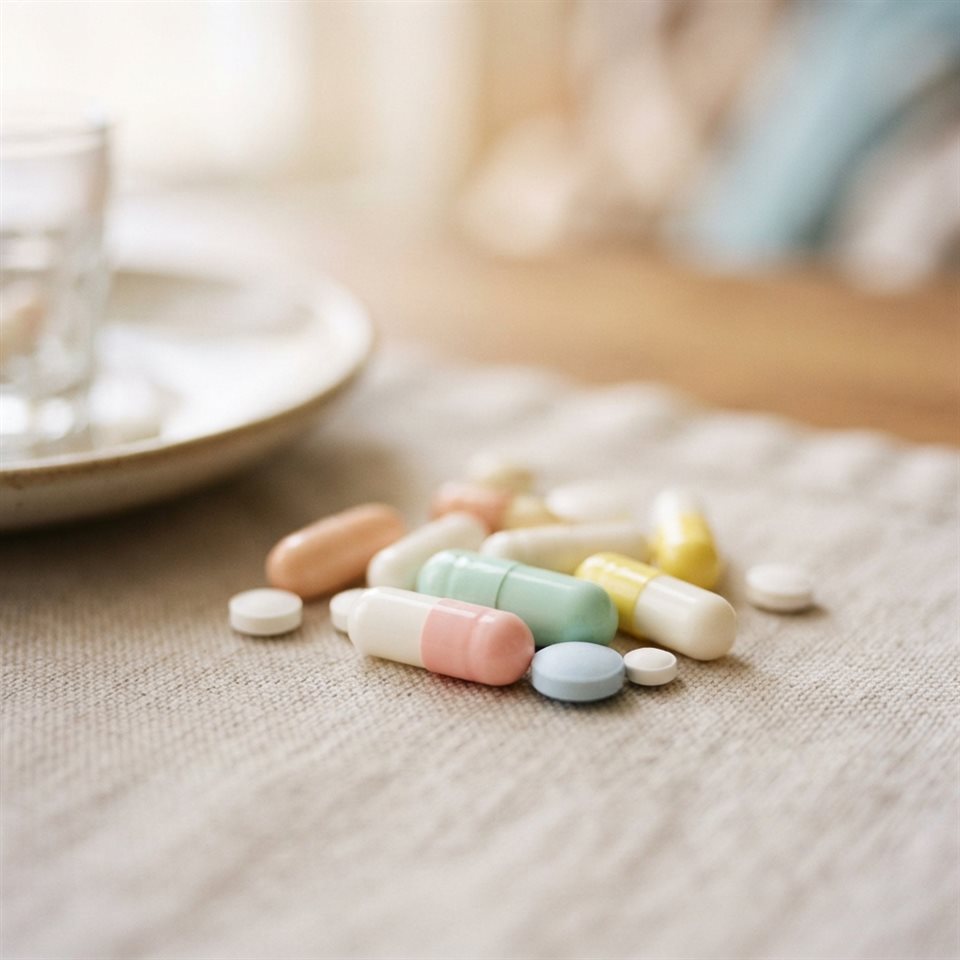 Photorealistic photo of pills and capsules, close-up detail with shallow depth of field, soft pastel colors, bright and cozy, 1:1 aspect ratio