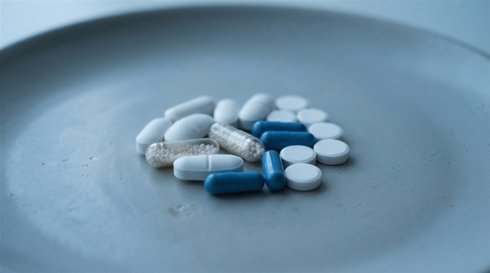 Photorealistic photo of pills and capsules, centered subject with a simple uncluttered composition, cool blue tones, quiet atmosphere, 16:9 aspect ratio