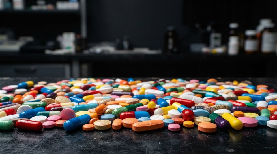 Photorealistic photo of pills and capsules, wide shot with open space at the top for text, vivid colors, high contrast, energetic, 16:9 aspect ratio