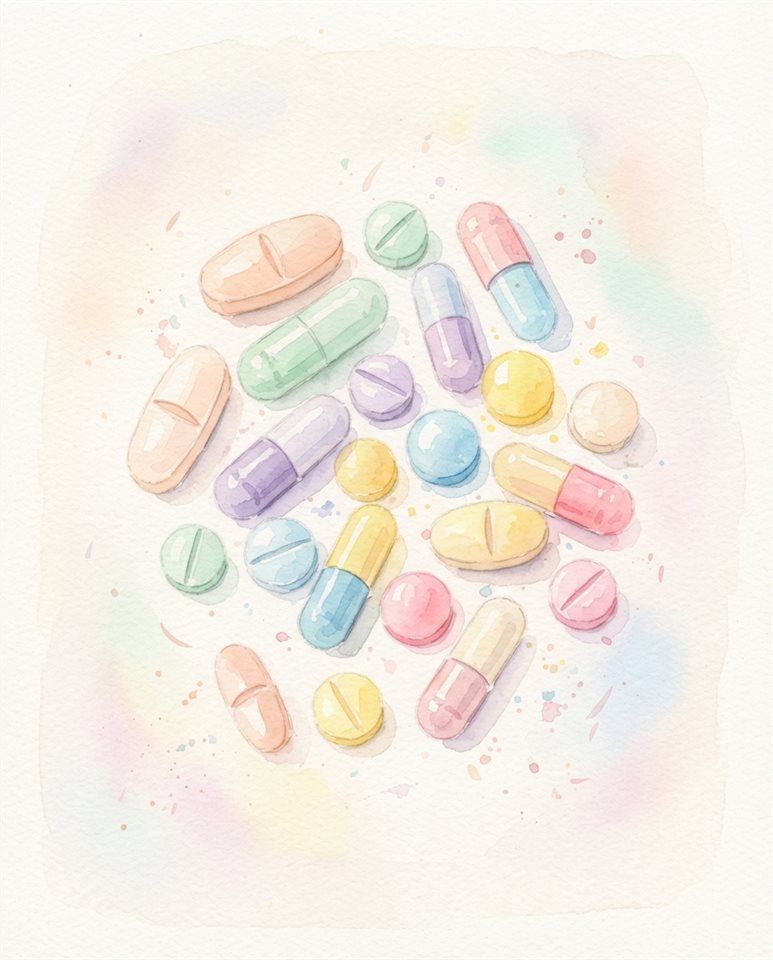 Watercolor illustration of pills and capsules, centered subject with a simple uncluttered composition, soft pastel colors, bright and cozy, 4:5 aspect ratio
