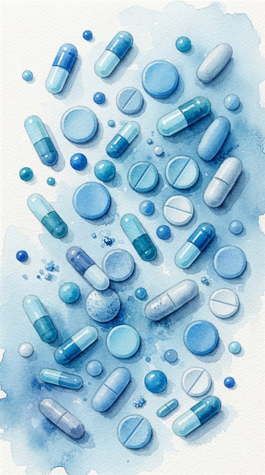 Watercolor illustration of pills and capsules, high-angle view from above, cool blue tones, quiet atmosphere, 9:16 aspect ratio