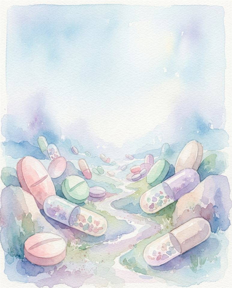 Watercolor illustration of pills and capsules, wide shot with open space at the top for text, misty morning haze, dreamy, 4:5 aspect ratio
