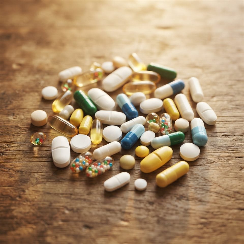 Photorealistic photo of pills and capsules, high-angle view from above, warm golden light, calm mood, 1:1 aspect ratio