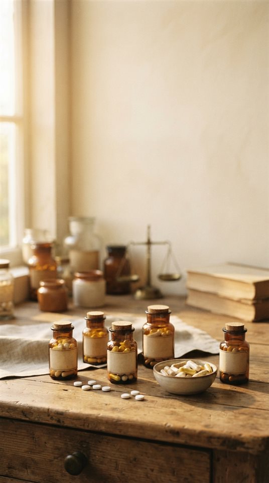 Cinematic film still of pills and capsules, wide shot with open space at the top for text, warm golden light, calm mood, 9:16 aspect ratio