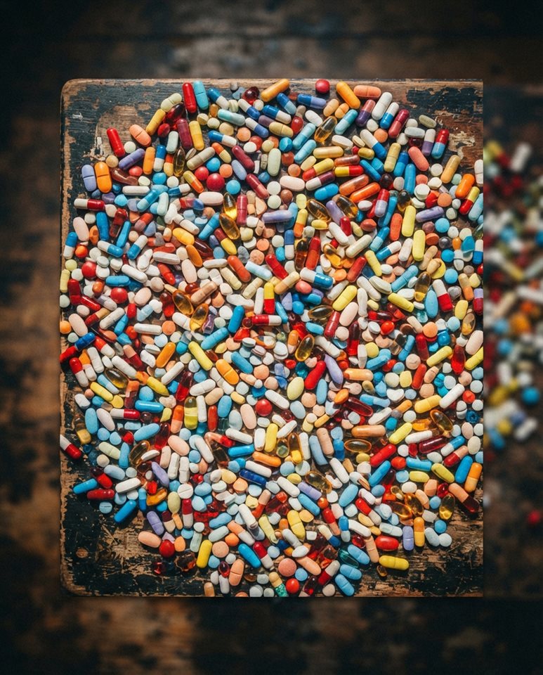 Cinematic film still of pills and capsules, high-angle view from above, vivid colors, high contrast, energetic, 4:5 aspect ratio