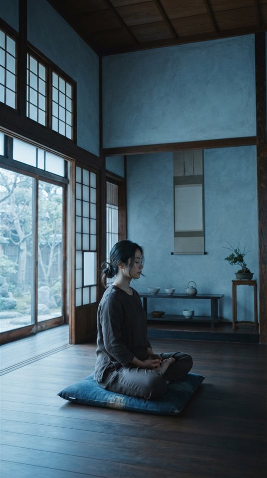 Cinematic film still of a person meditating in a calm room, wide shot with open space at the top for text, cool blue tones, quiet atmosphere, 9:16 aspect ratio