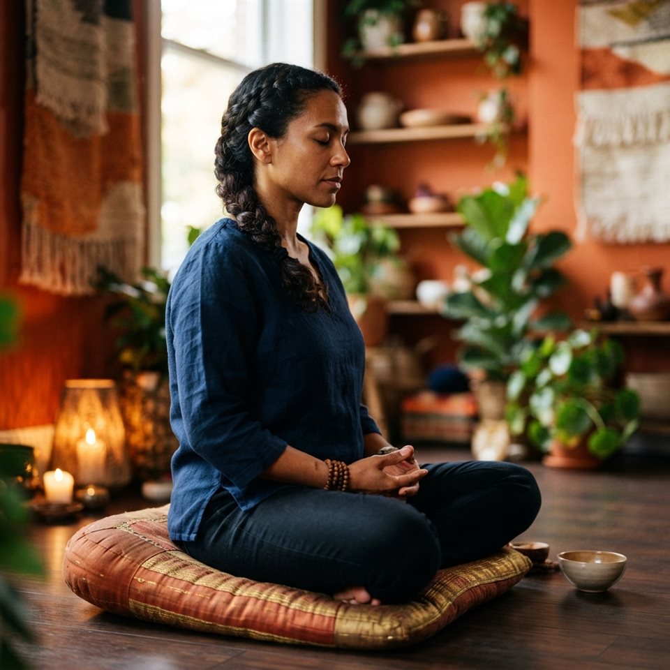 Photorealistic photo of a person meditating in a calm room, close-up detail with shallow depth of field, vivid colors, high contrast, energetic, 1:1 aspect ratio