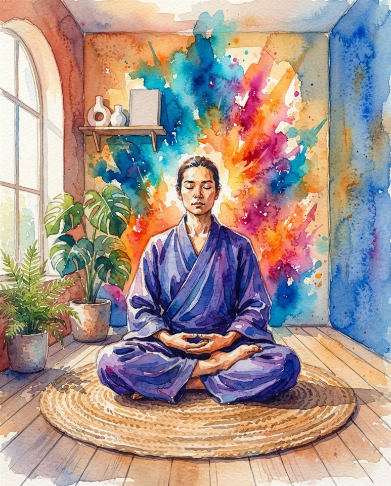 Watercolor illustration of a person meditating in a calm room, centered subject with a simple uncluttered composition, vivid colors, high contrast, energetic, 4:5 aspect ratio