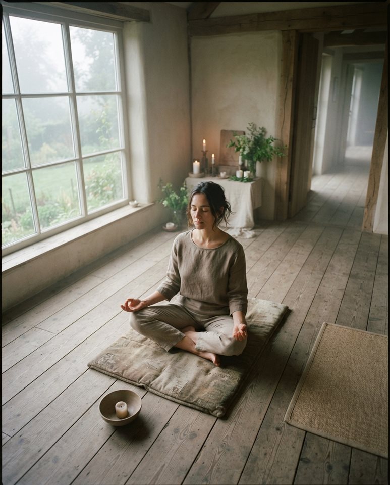 Cinematic film still of a person meditating in a calm room, high-angle view from above, misty morning haze, dreamy, 4:5 aspect ratio