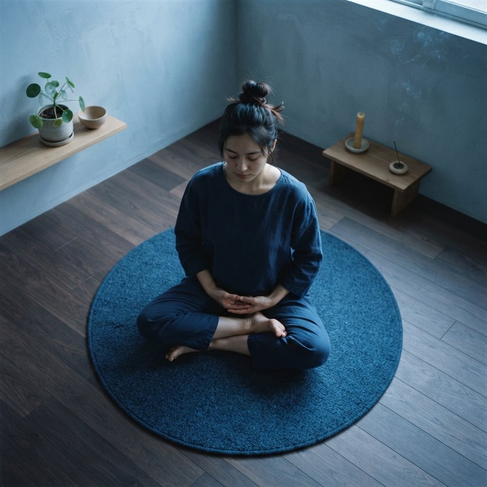 차분한 방에서 명상하는 사람, 사실적인 사진, 위에서 내려다본 구도, 차가운 푸른 톤, 고요한 분위기, 1:1 비율