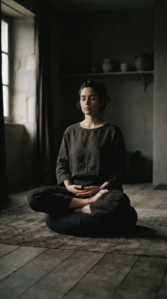 Cinematic film still of a person meditating in a calm room, centered subject with a simple uncluttered composition, moody dark tones, dramatic lighting, 9:16 aspect ratio