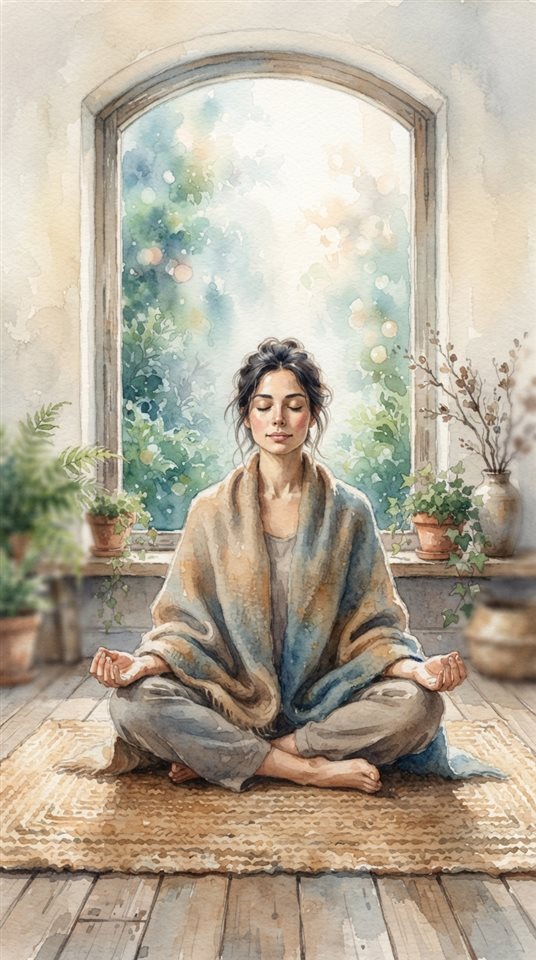 Watercolor illustration of a person meditating in a calm room, close-up detail with shallow depth of field, misty morning haze, dreamy, 9:16 aspect ratio