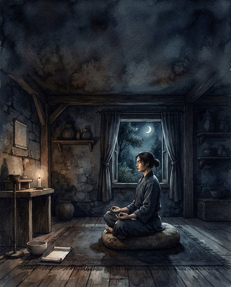 Watercolor illustration of a person meditating in a calm room, wide shot with open space at the top for text, moody dark tones, dramatic lighting, 4:5 aspect ratio