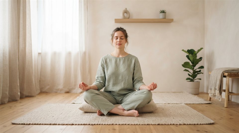 Photorealistic photo of a person meditating in a calm room, centered subject with a simple uncluttered composition, soft pastel colors, bright and cozy, 16:9 aspect ratio