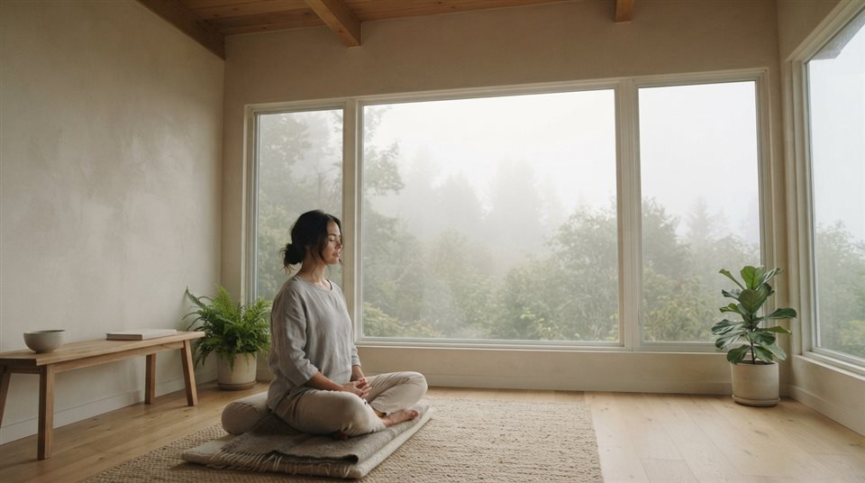 Photorealistic photo of a person meditating in a calm room, wide shot with open space at the top for text, misty morning haze, dreamy, 16:9 aspect ratio