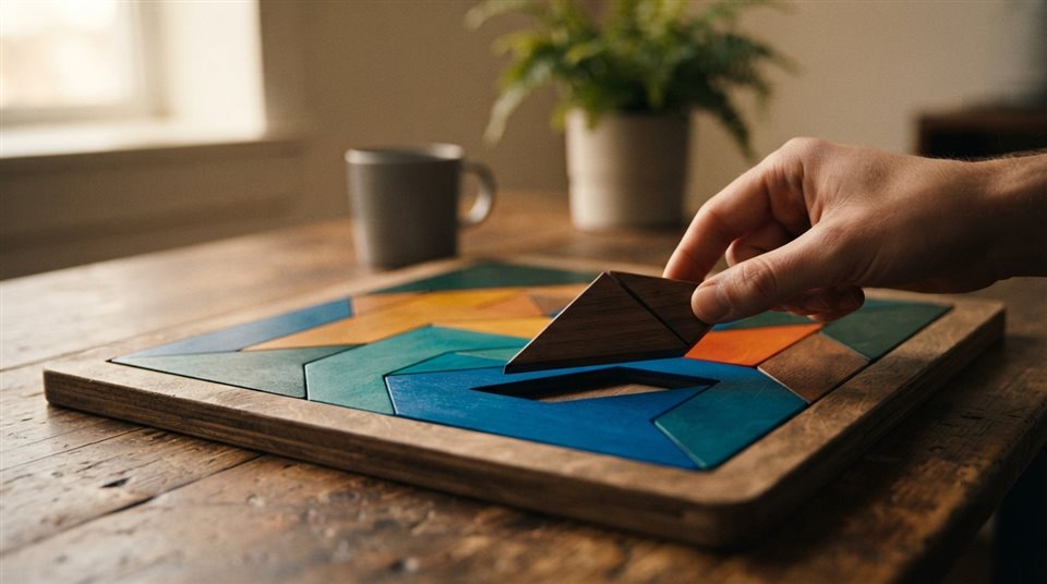 Cinematic film still of A minimalist wooden puzzle piece being placed into a board symbolizing cognitive focus, centered subject with a simple uncluttered composition, vivid colors, high contrast, energetic, 16:9 aspect ratio