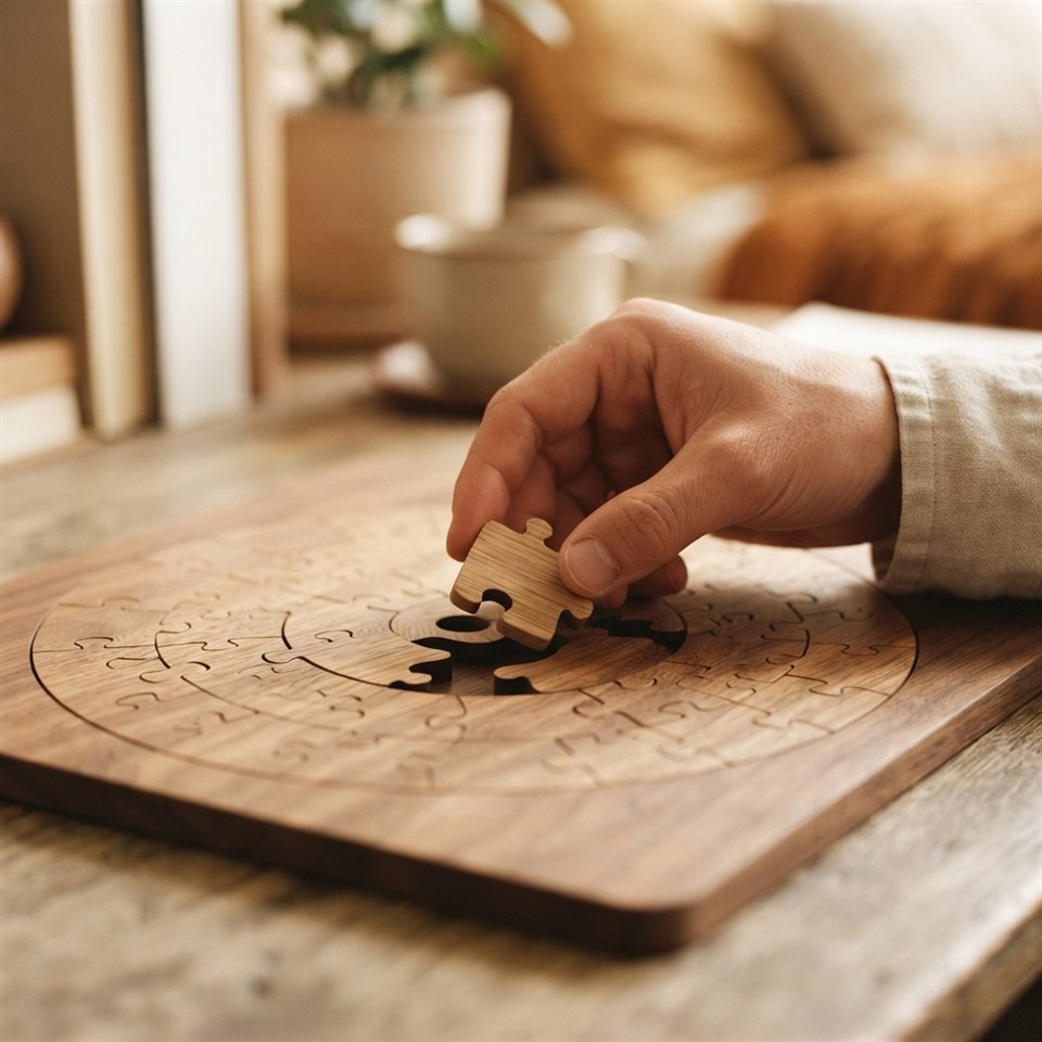 Photorealistic photo of A minimalist wooden puzzle piece being placed into a board symbolizing cognitive focus, close-up detail with shallow depth of field, warm golden light, calm mood, 1:1 aspect ratio