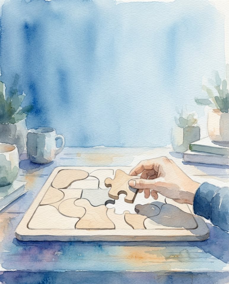 Watercolor illustration of A minimalist wooden puzzle piece being placed into a board symbolizing cognitive focus, wide shot with open space at the top for text, cool blue tones, quiet atmosphere, 4:5 aspect ratio