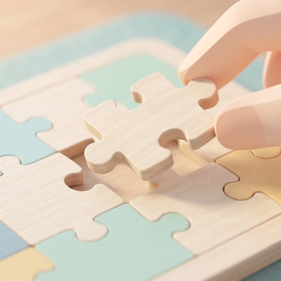 Minimal flat illustration of A minimalist wooden puzzle piece being placed into a board symbolizing cognitive focus, close-up detail with shallow depth of field, soft pastel colors, bright and cozy, 1:1 aspect ratio