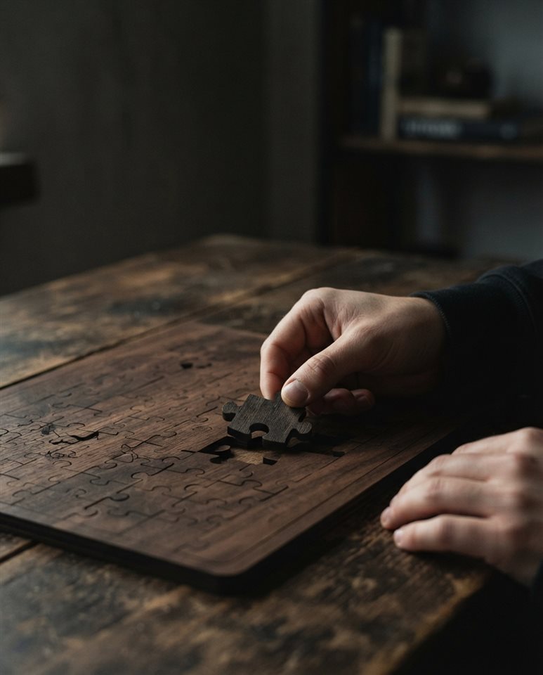 Photorealistic photo of A minimalist wooden puzzle piece being placed into a board symbolizing cognitive focus, wide shot with open space at the top for text, moody dark tones, dramatic lighting, 4:5 aspect ratio