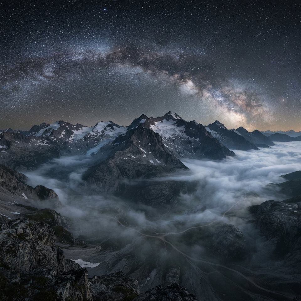 Photorealistic photo of milky way over mountains, high-angle view from above, misty morning haze, dreamy, 1:1 aspect ratio