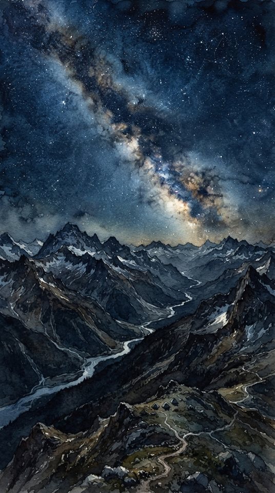 Watercolor illustration of milky way over mountains, high-angle view from above, moody dark tones, dramatic lighting, 9:16 aspect ratio