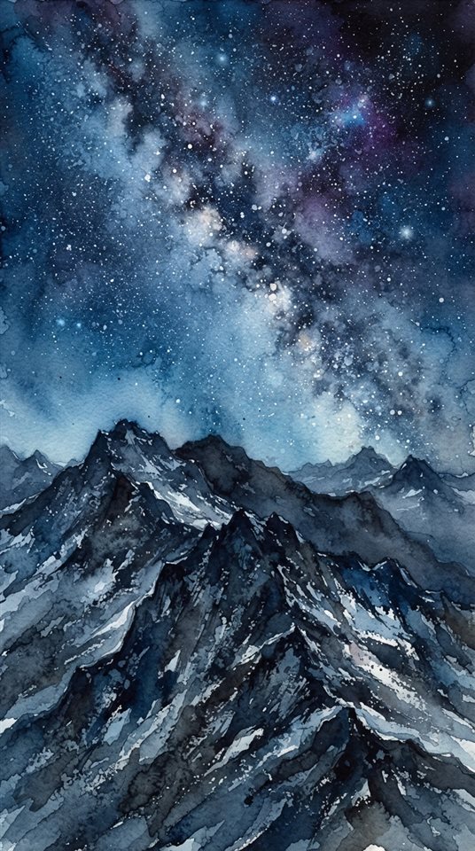 Watercolor illustration of milky way over mountains, close-up detail with shallow depth of field, cool blue tones, quiet atmosphere, 9:16 aspect ratio