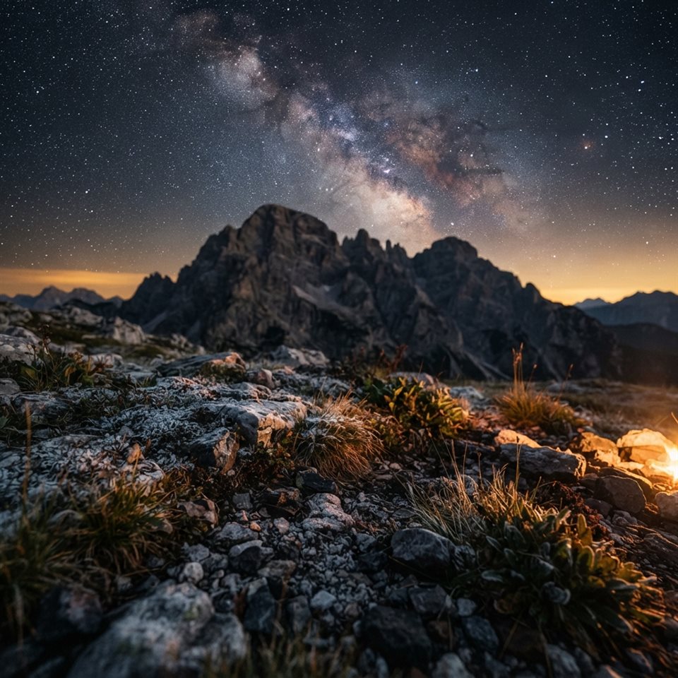Photorealistic photo of milky way over mountains, close-up detail with shallow depth of field, warm golden light, calm mood, 1:1 aspect ratio