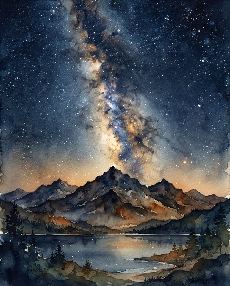 Watercolor illustration of milky way over mountains, centered subject with a simple uncluttered composition, warm golden light, calm mood, 4:5 aspect ratio