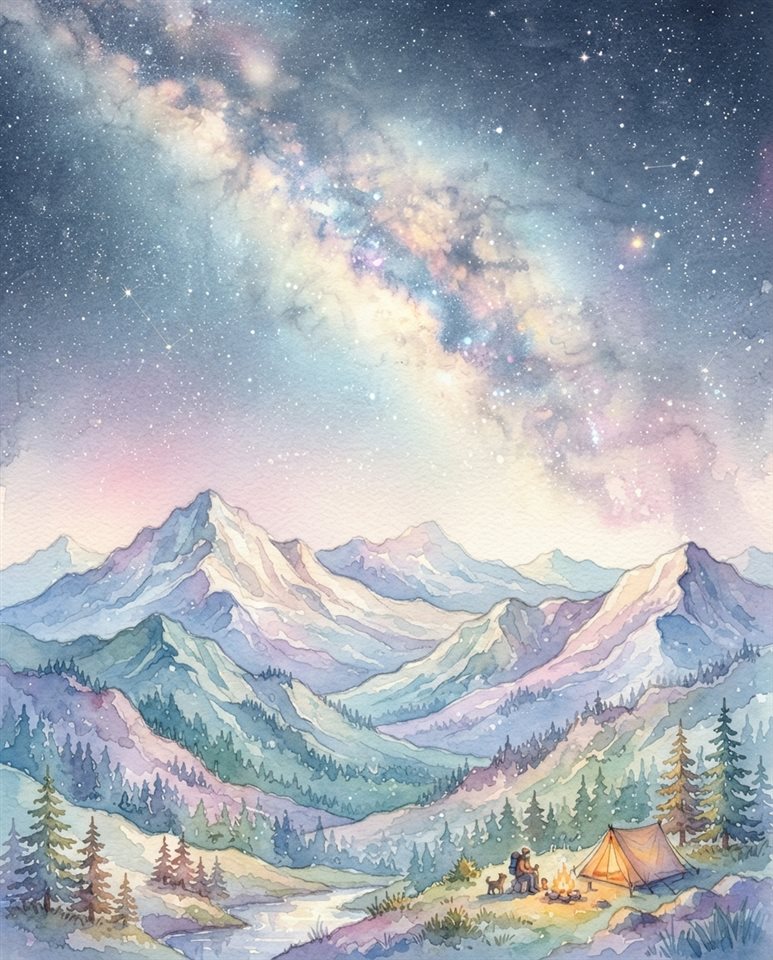 Watercolor illustration of milky way over mountains, wide shot with open space at the top for text, soft pastel colors, bright and cozy, 4:5 aspect ratio