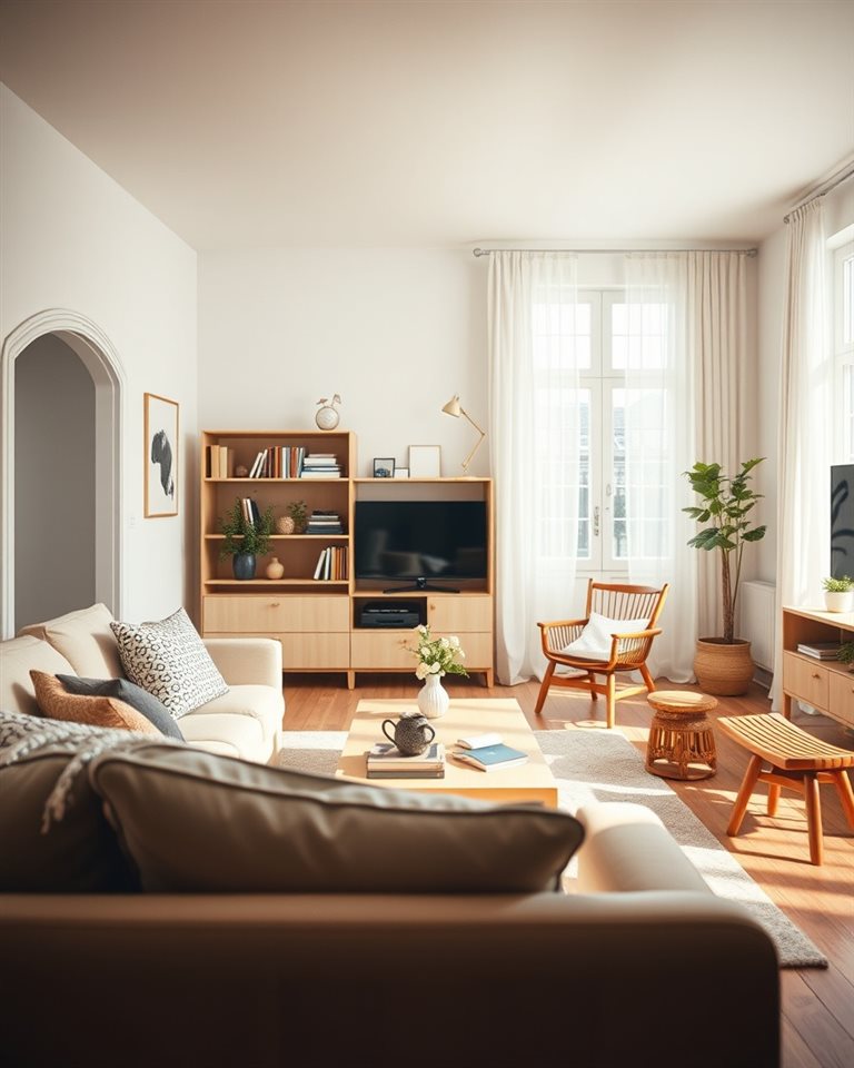 Cinematic film still of A clean, bright Scandinavian-style living room with neutral tones and simple wooden furniture, close-up detail with shallow depth of field, vivid colors, high contrast, energetic, 4:5 aspect ratio