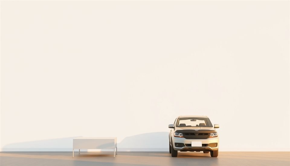 Photorealistic photo of A clean, modern presentation slide background with subtle gray shapes on white space., wide shot with open space at the top for text, warm golden light, calm mood, 16:9 aspect ratio