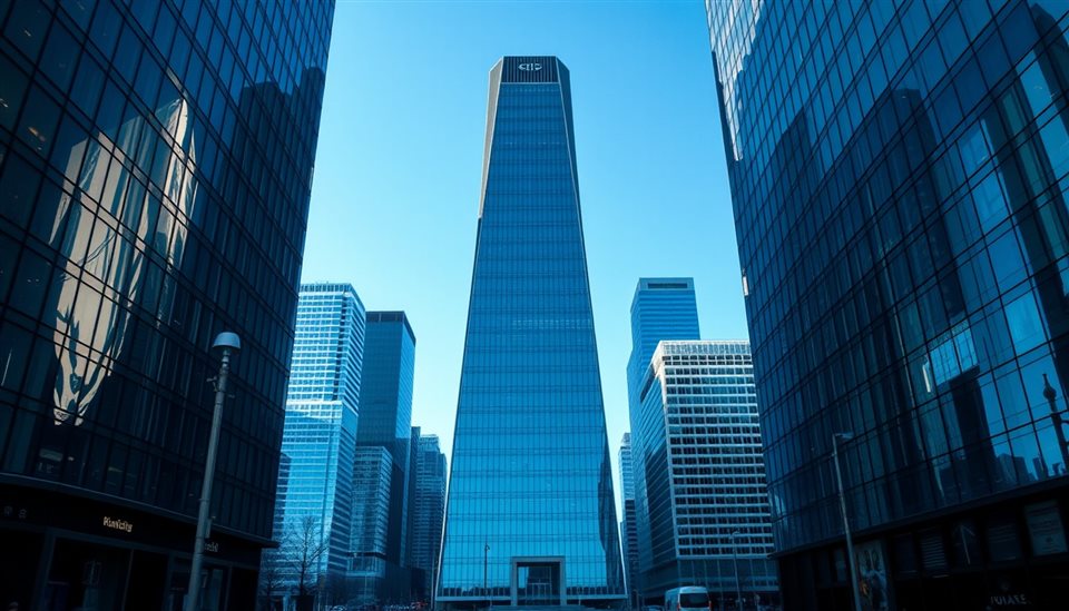 Photorealistic photo of Minimalist glass and steel skyscraper reflecting the clear blue sky in a modern metropolis, wide shot with open space at the top for text, moody dark tones, dramatic lighting, 16:9 aspect ratio