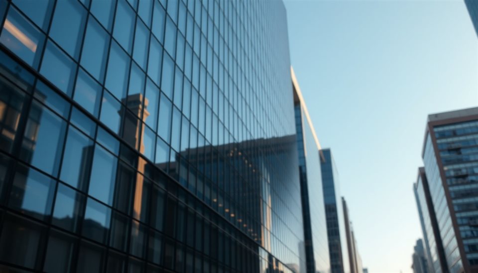 Photorealistic photo of Minimalist glass and steel skyscraper reflecting the clear blue sky in a modern metropolis, close-up detail with shallow depth of field, warm golden light, calm mood, 16:9 aspect ratio