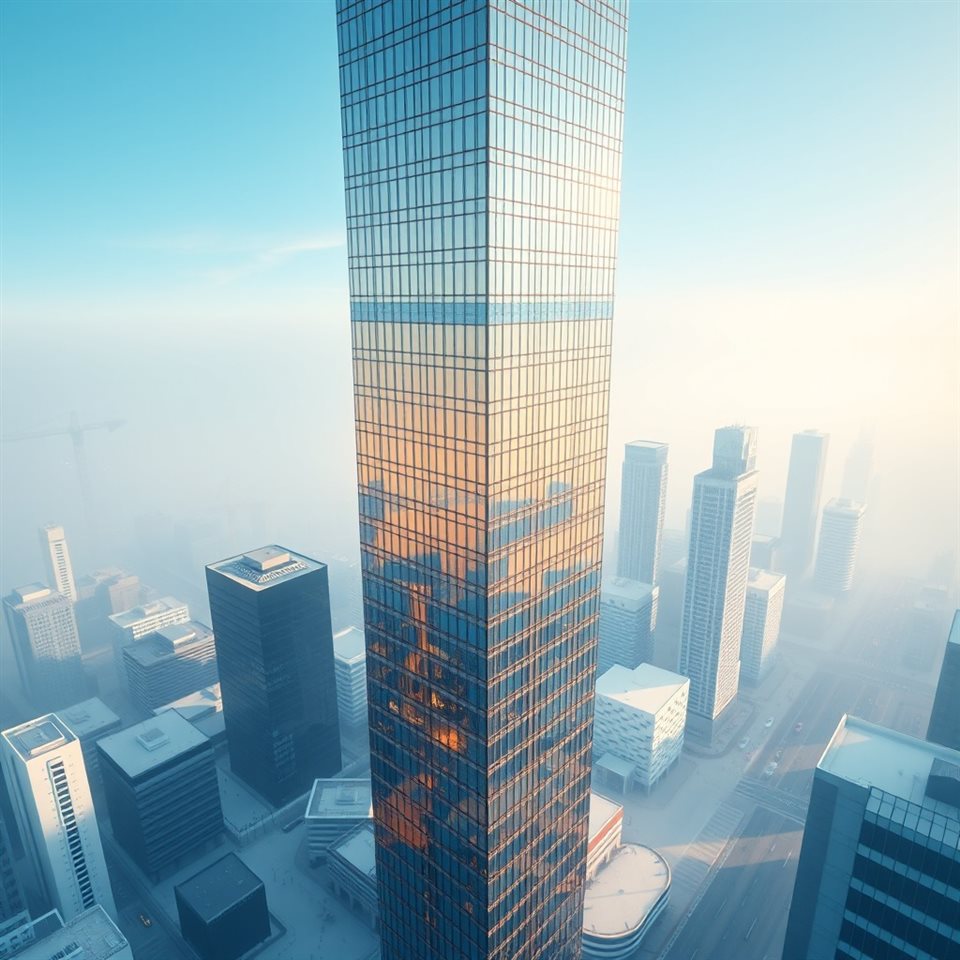 Soft 3D render of Minimalist glass and steel skyscraper reflecting the clear blue sky in a modern metropolis, high-angle view from above, misty morning haze, dreamy, 1:1 aspect ratio