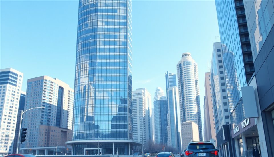 Minimal flat illustration of Minimalist glass and steel skyscraper reflecting the clear blue sky in a modern metropolis, close-up detail with shallow depth of field, soft pastel colors, bright and cozy, 16:9 aspect ratio