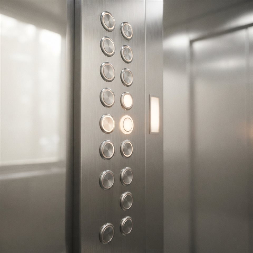 Soft 3D render of interior of a modern sleek stainless steel elevator with illuminated buttons, close-up detail with shallow depth of field, misty morning haze, dreamy, 1:1 aspect ratio