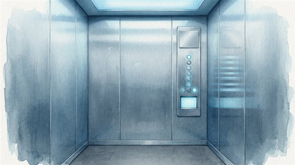 Watercolor illustration of interior of a modern sleek stainless steel elevator with illuminated buttons, centered subject with a simple uncluttered composition, cool blue tones, quiet atmosphere, 16:9 aspect ratio