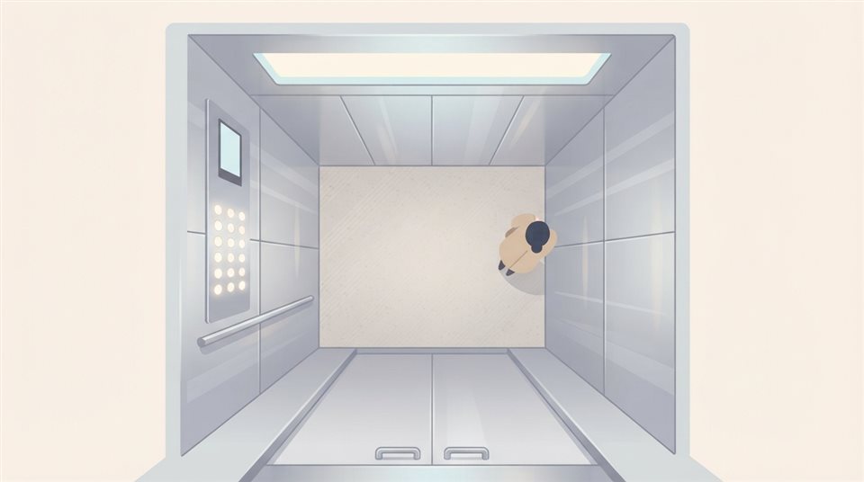 Minimal flat illustration of interior of a modern sleek stainless steel elevator with illuminated buttons, high-angle view from above, soft pastel colors, bright and cozy, 16:9 aspect ratio