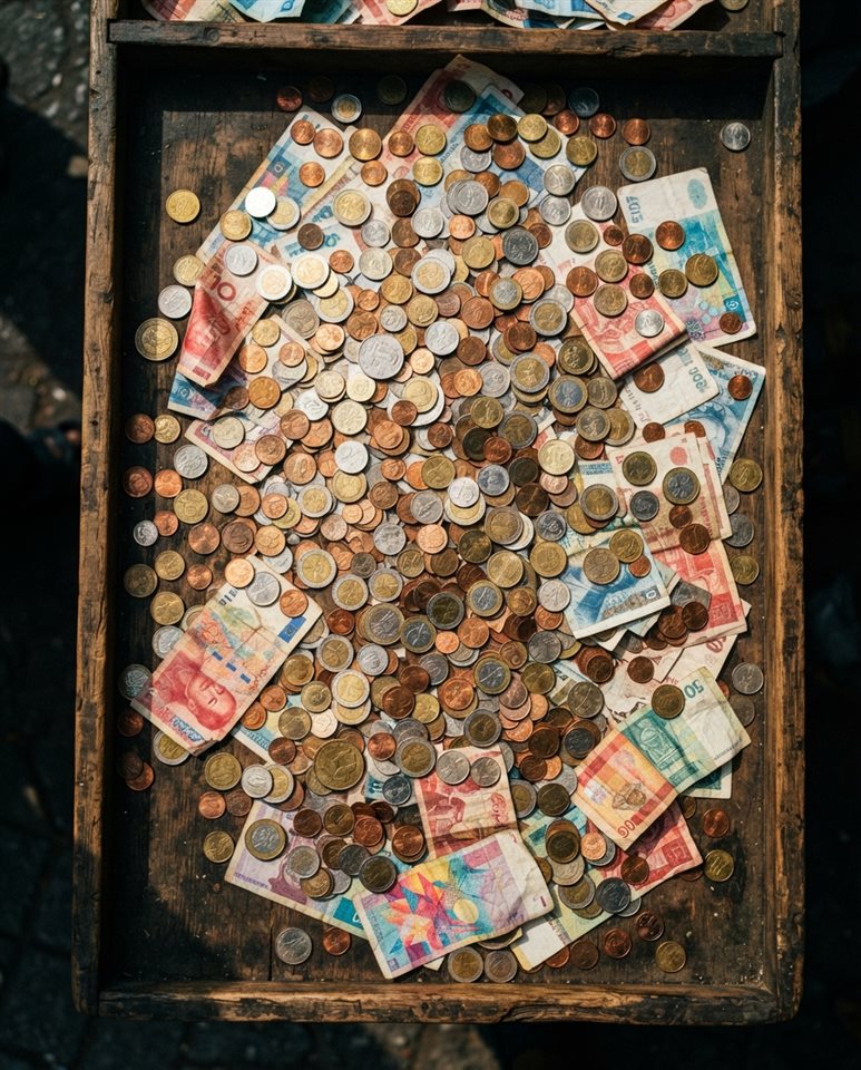 Cinematic film still of coins and banknotes, high-angle view from above, vivid colors, high contrast, energetic, 4:5 aspect ratio