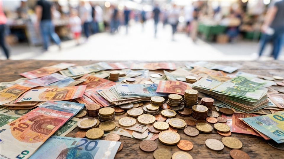 Photorealistic photo of coins and banknotes, wide shot with open space at the top for text, vivid colors, high contrast, energetic, 16:9 aspect ratio