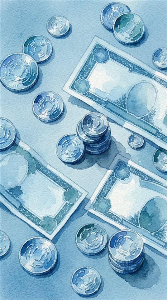 Watercolor illustration of coins and banknotes, high-angle view from above, cool blue tones, quiet atmosphere, 9:16 aspect ratio