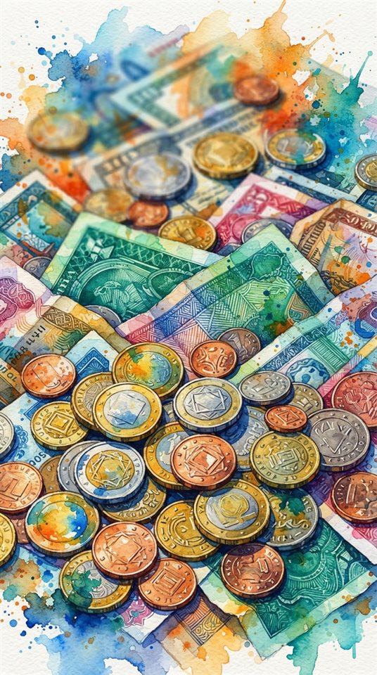 Watercolor illustration of coins and banknotes, close-up detail with shallow depth of field, vivid colors, high contrast, energetic, 9:16 aspect ratio
