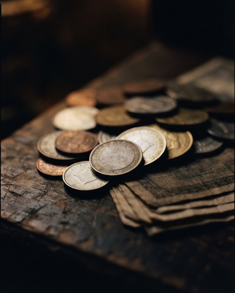 Cinematic film still of coins and banknotes, close-up detail with shallow depth of field, moody dark tones, dramatic lighting, 4:5 aspect ratio